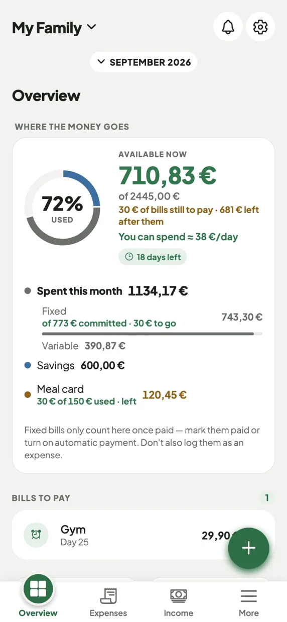 Mayora's Overview on a phone, showing the month's available money, the spending and the bills to pay.