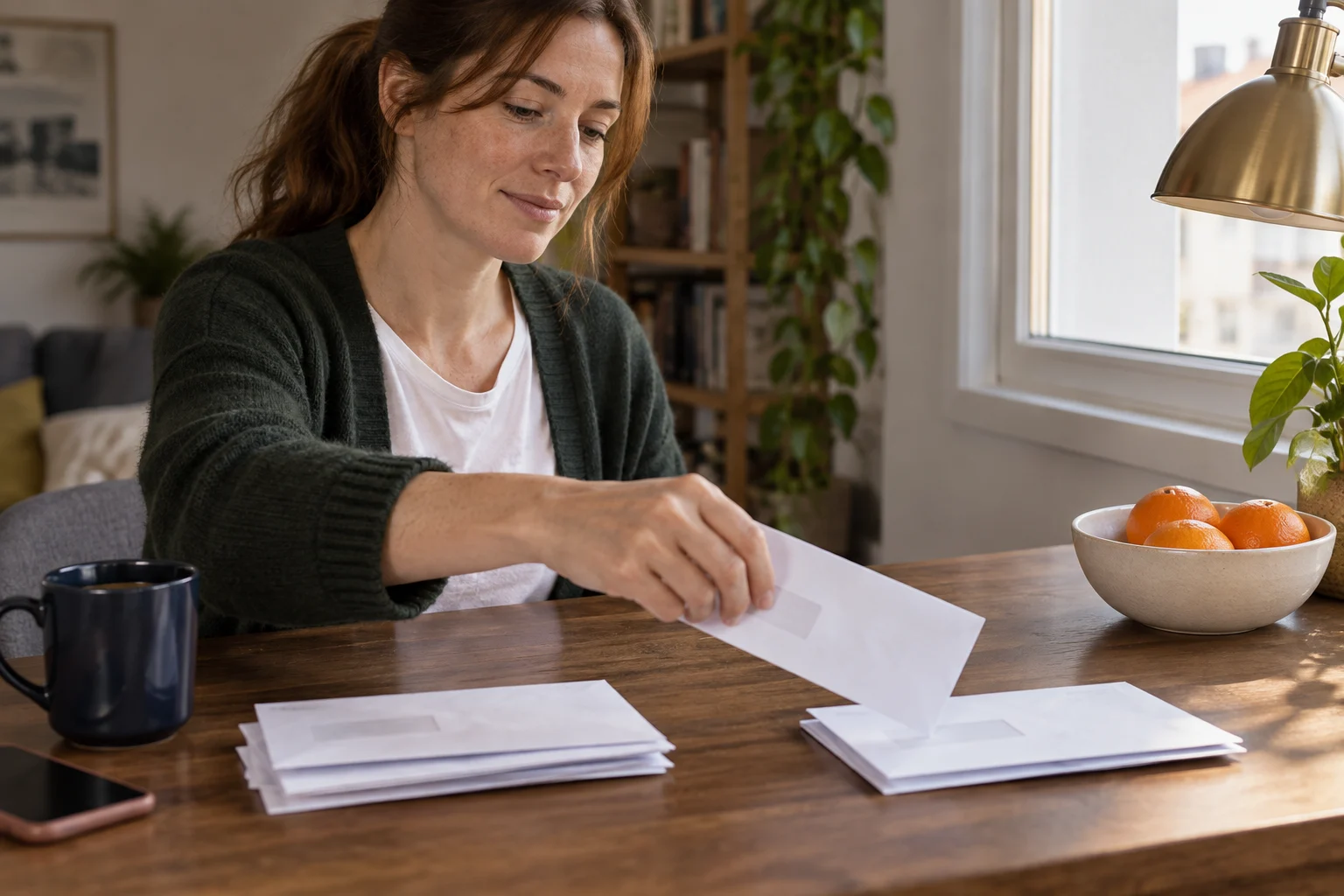 Dois montes de envelopes na mesa: os que já foram tratados e os que ainda esperam. Uma conta fixa vive num deles de cada vez, e muda de monte quando é paga.