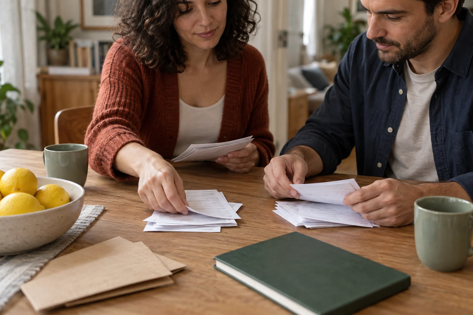 Duas pessoas à mesa, cada uma com a sua pilha de contas à frente. Antes de decidir a regra, é preciso saber quanto custa a casa e quanto entra.