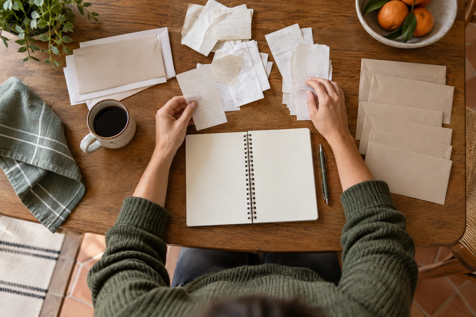 Os recibos de um ano espalhados na mesa e um caderno ainda em branco. É por aqui que se começa: escrever o que já aconteceu antes de planear o que vem.