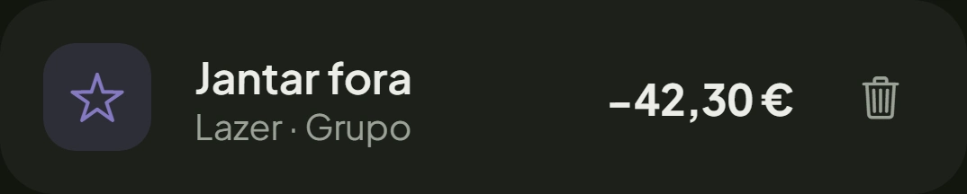 Uma despesa: jantar fora, 42,30 €, na categoria lazer.