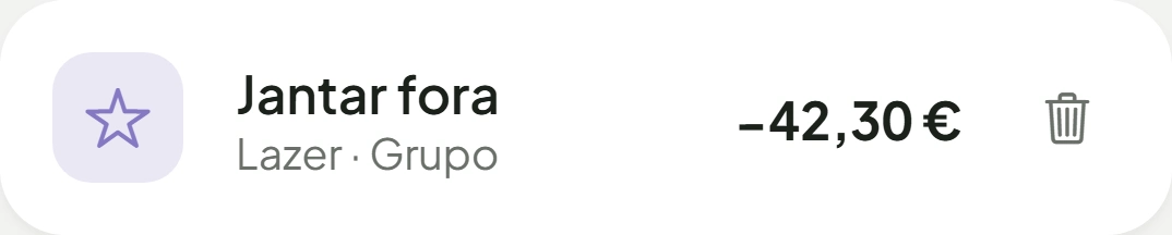 Uma despesa: jantar fora, 42,30 €, na categoria lazer.