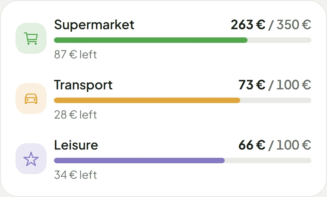 Category limits: groceries 263 of €350, transport 73 of €100, leisure 66 of €100.